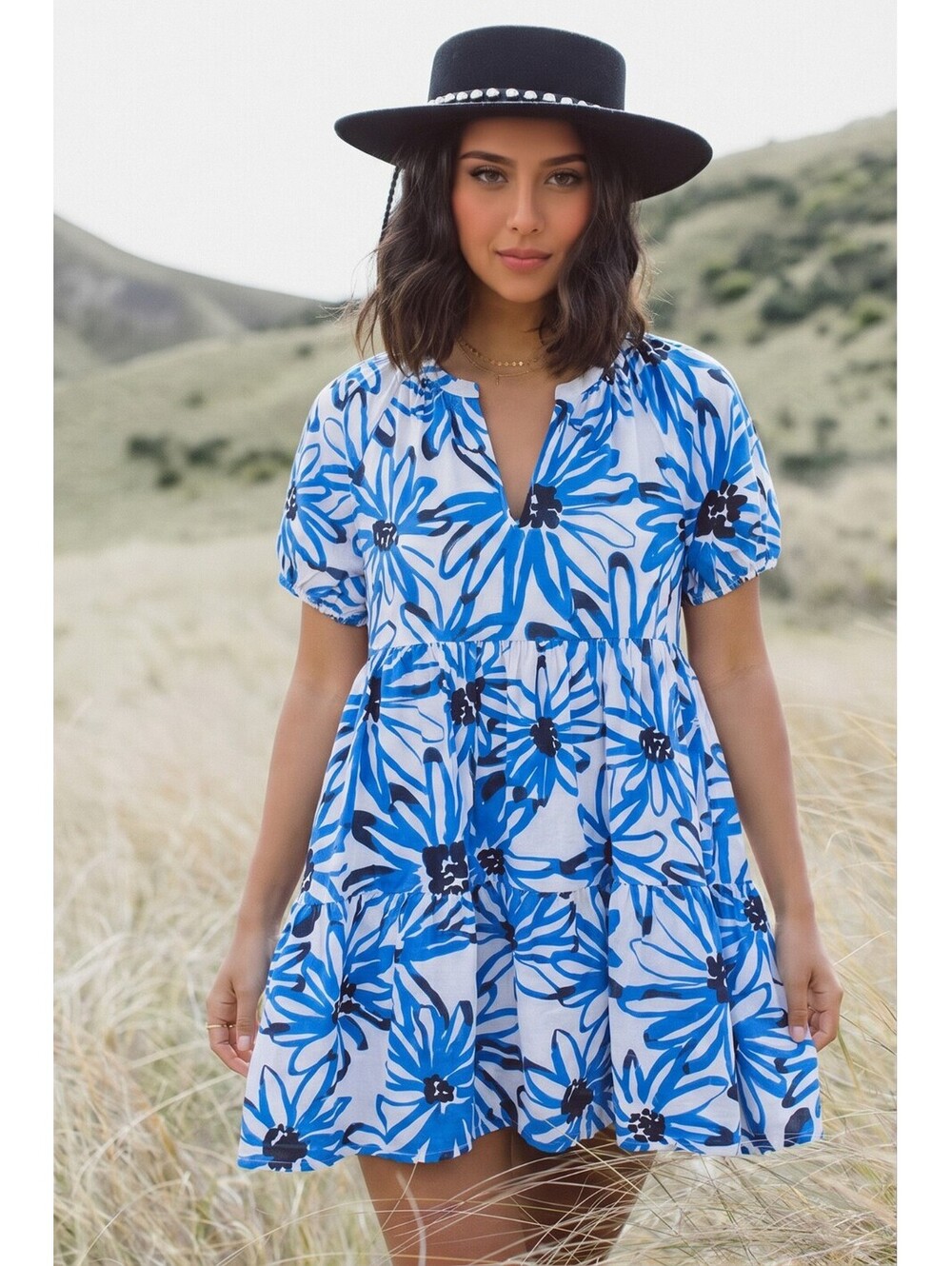 Wild Pony Women's Size S Blue Floral Tiered Cotton Poplin Mini Dress